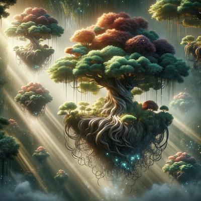 The primary subject of the image is a large tree with a massive trunk, surrounded by a forest of smaller trees. The setting is a lush, green environment with a variety of trees and plants. The visual style is a digital art or illustration, creating a vibrant and colorful atmosphere. The dominant colors are green, with the large tree being the focal point, and the smaller trees adding to the overall mood of the scene.